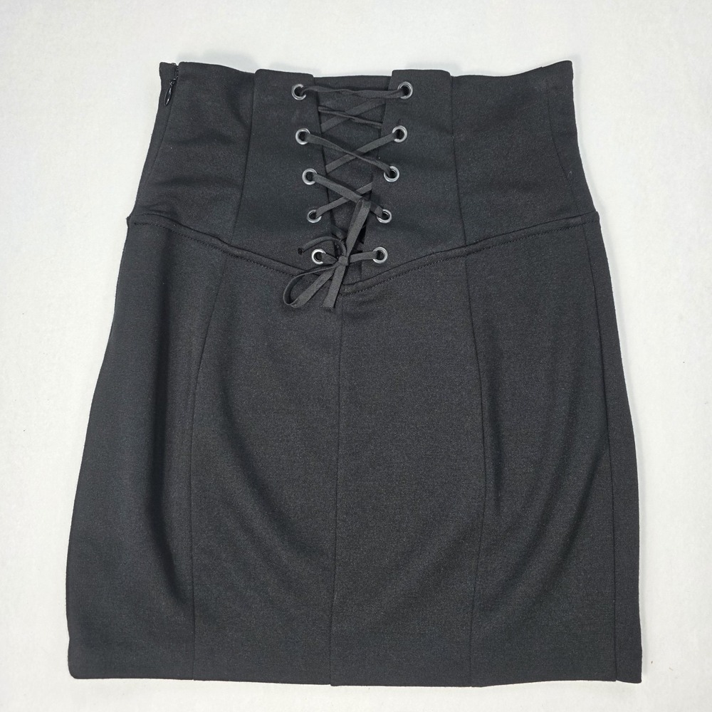 GUESS Gothic Black Lace-up‎ Corset Back Pencil Mini Skirt Side Zip Closure Small